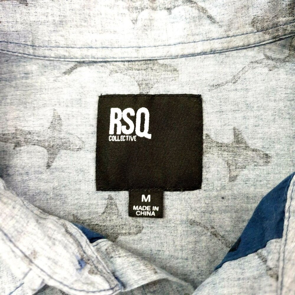 RSQ Collective Mens Medium Short Sleeve Shirt Shark Print Gray Casual Button Up - Picture 9 of 9